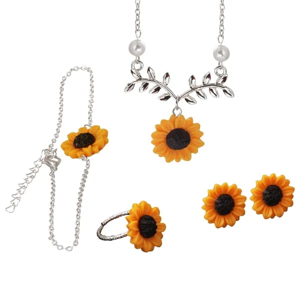 5 Pcs/Set Women Sunflower Pendant Necklace Stud Earrings Ring Bracelet Jewelry Set