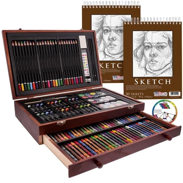 U.S. Art Supply 145-Piece Mega Wood Box Art Painting and Drawing Set in Storage Case - 2 Sketch Pads, 24 Watercolor Pain