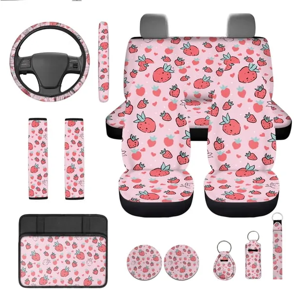 Jeiento Pink Strawberry 13 Pcs Car Seat Cover Full Set Automotive Interior Accessories with Steering Wheel Cover, Seat B