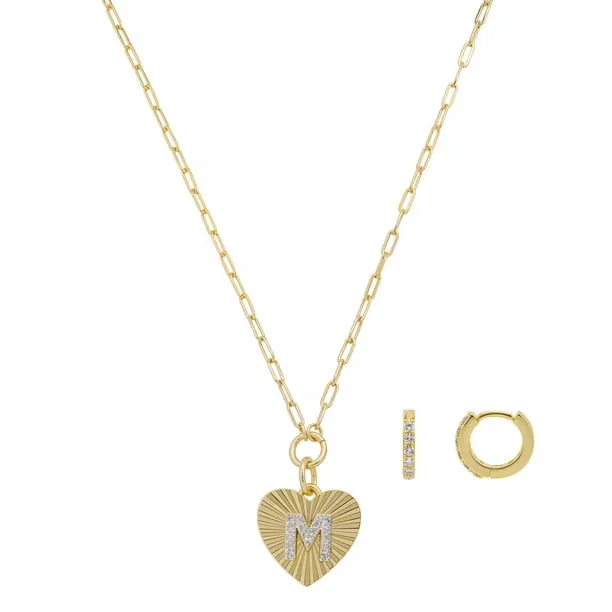 Women's 14Kt Gold Flash Plated Cubic Zirconia Initial M Heart Pendant Necklace and Hoop Earring Set, 18+2"