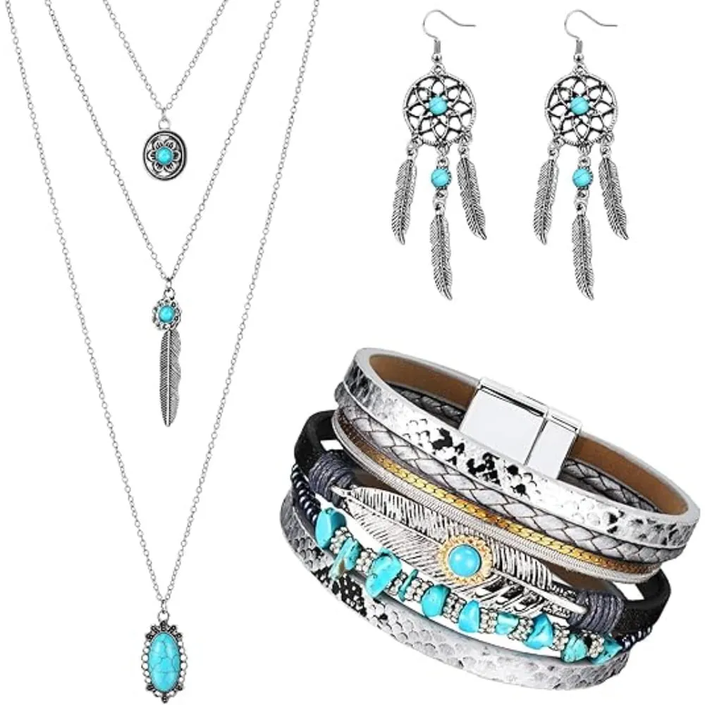 3 Pcs Bohemian Turquoise Jewelry Set for Women, Elegant Dangle Earrings Pendant Necklace Adjustable Bracelet, Perfect Ch