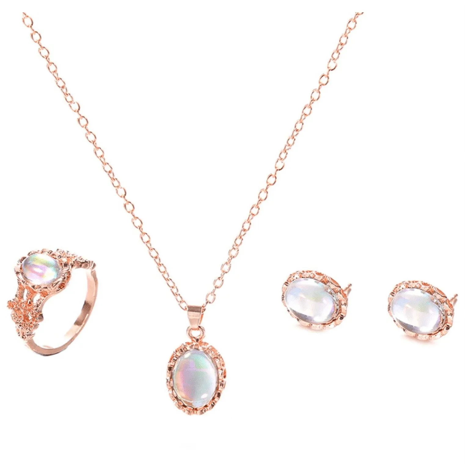 Rose Gold Opaline Cabochon Jewelry Set for Woman Special Occasion or Casual