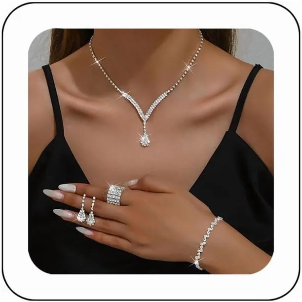 Bridal Wedding Jewelry Set Silver Rhinestone