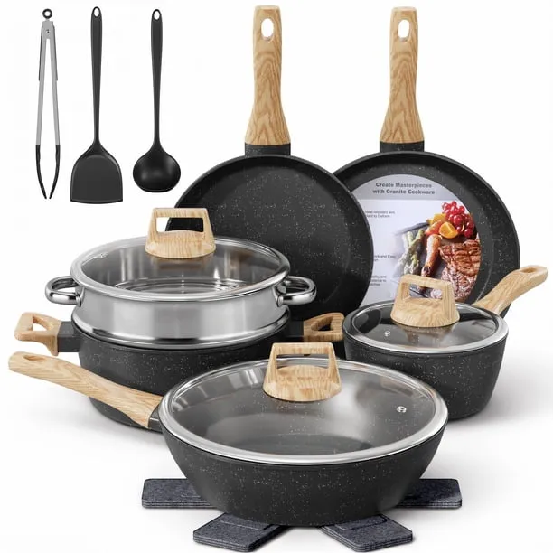 Furnibear 16pcs Nonstick Pots and Pans Set, Ceramic Cookware Set with Steamer and Cooking Utensils, for RV and Camping B