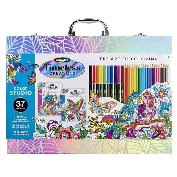 RoseArt Timeless Creations 37 Piece Coloring Case, Books, Color Pencils, and Markers, Holiday Gift for Kids, Ages 6