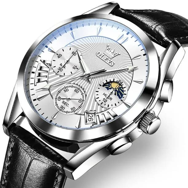 Watches for Men Chronograph Black Leather Gold Plated Case Analog Quartz Fashion Business Dress Large Face Mens Watches 