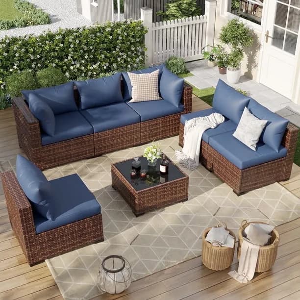 ELPOSUN 7 Pieces Patio Furniture Set All Weather Outdoor Sectional Sofa, Outdoor Modern Sectional Furniture Wicker Couch