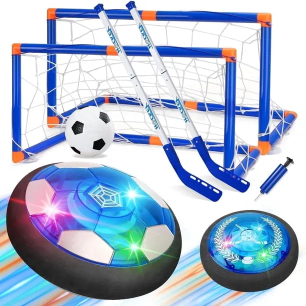 Ejoyoyin 2 in 1 Hover Hockey Soccer Set for Kids, Rechargeable LED Floating Air Soccer Ball, Indoor Outdoor Sports Toys 