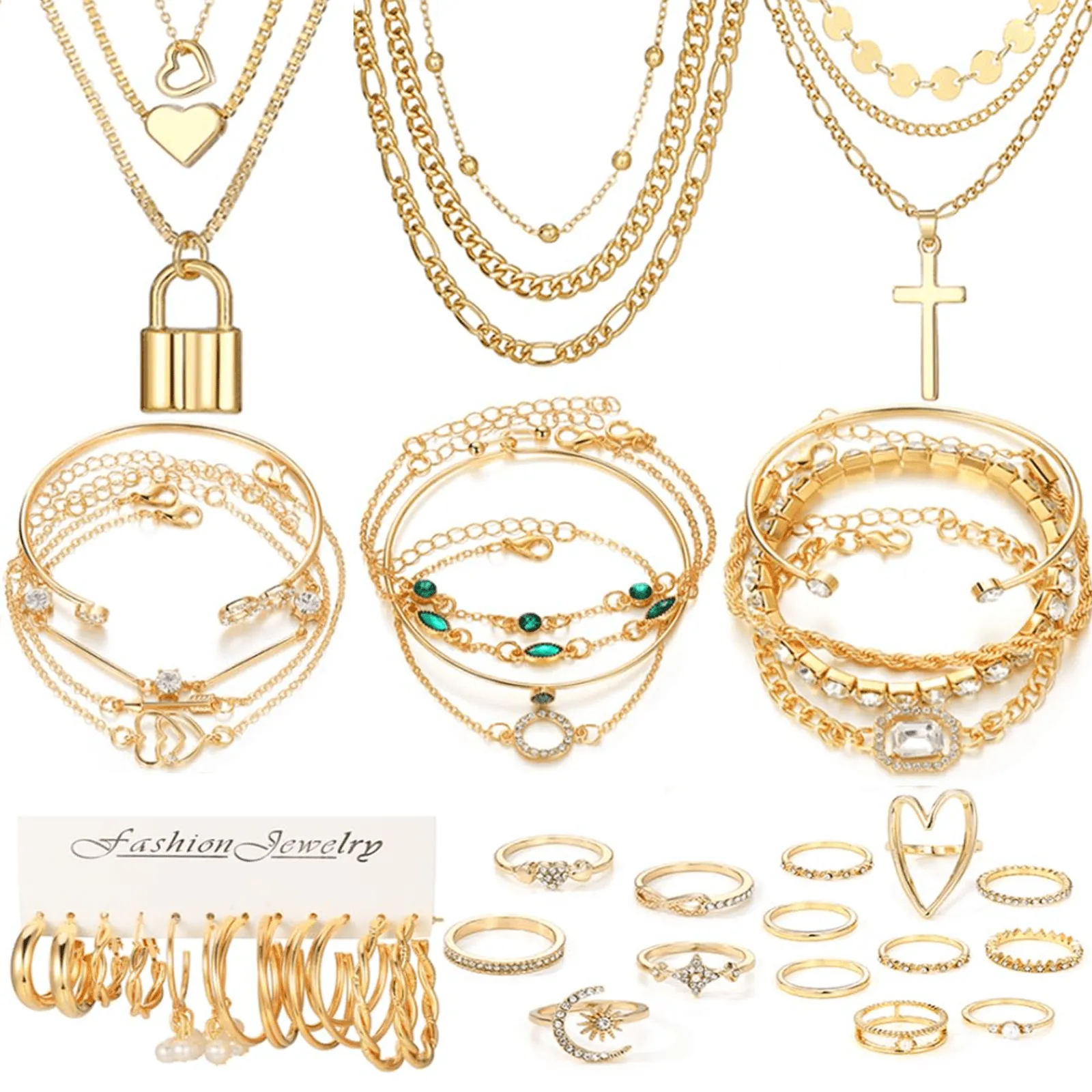 36 PCS Jewelry Set for Women, Dainty Dangle Earrings, Stackable Ring, Multi-Layered Bracelet Necklace Fashion Party