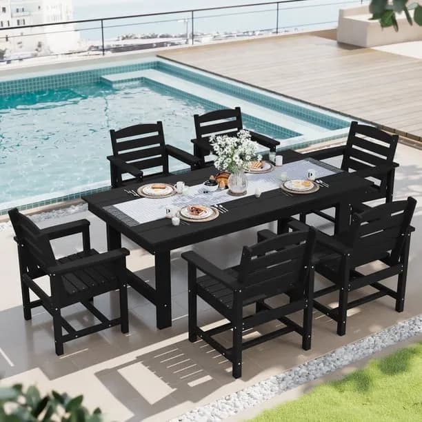 SERWALL Outdoor HDPE Dining Table Set, 7-Piece Outdoor Dining Table Sets with Umbrella Hole, Black