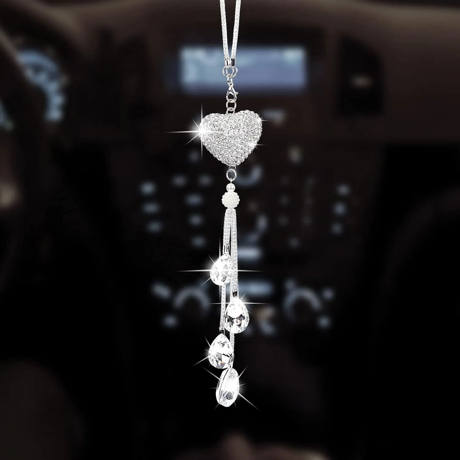 PAGOW Bling Heart Rhinestones Hanging Charm for Rear View Mirror, Silver Crystal Diamond Auto Interior Ornament Pendant