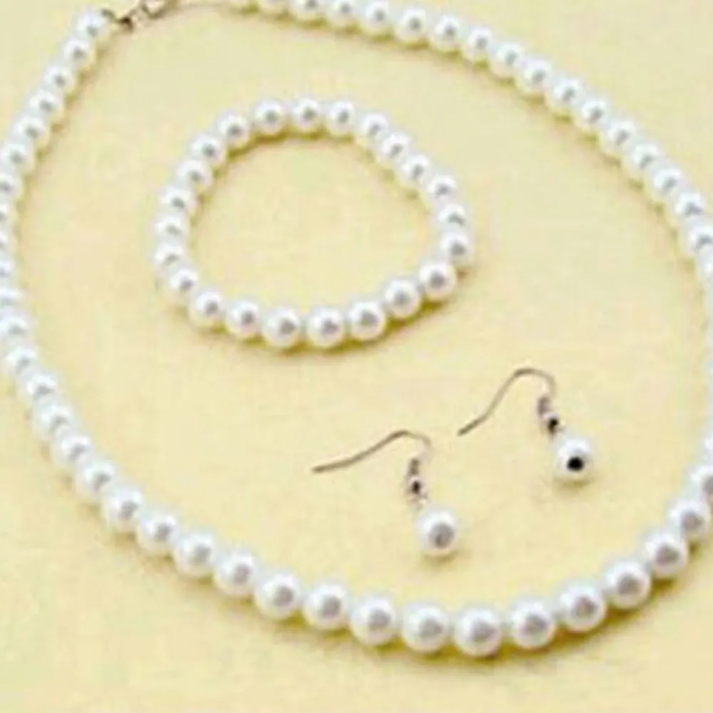 Elegant Women Faux Pearl Jewelry Set Gift Necklace Bracelet & Earrings gold ring