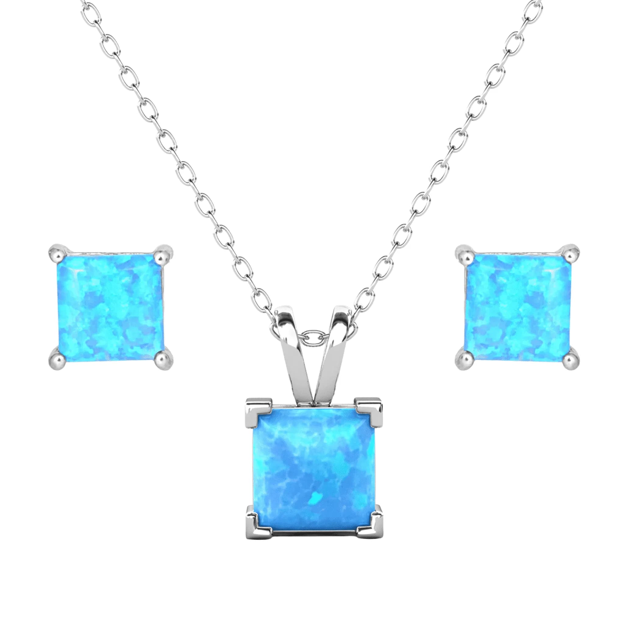 Amphitrite Opal Sterling Silver Jewelry Set Necklace and Stud Earrings, Gift for Women