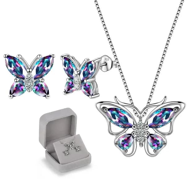 925 Sterling Silver Rainbow Mystic Topaz Butterfly Jewelry Set Fine Necklace Earrings Women Mother's Day Gift