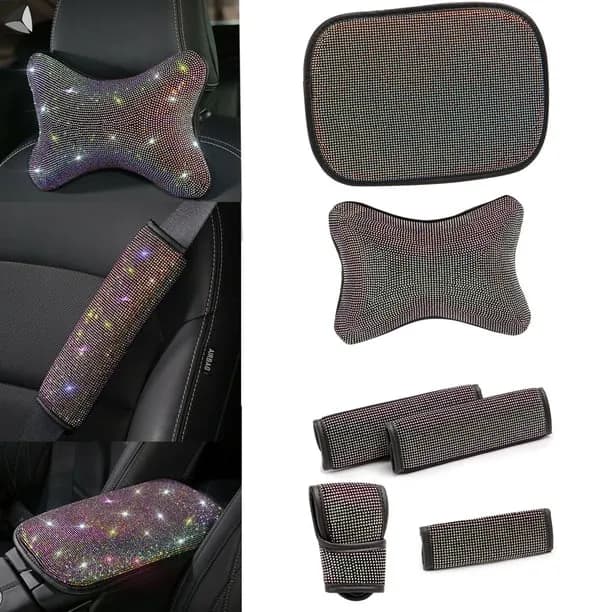 PULLIMORE Women Bling Rhinestone Car Accessories Set Diamond Crystal Steering Car Interior Decor with Rainbow Shiny