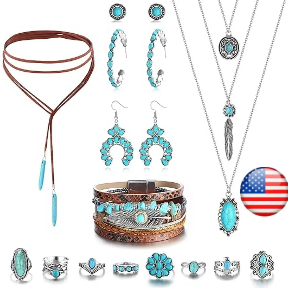 Western Jewelry for Women Turquoise Jewelry Set Vintage Earrings Bracelet Western Bohemian Necklace for Women Cowboy Cow