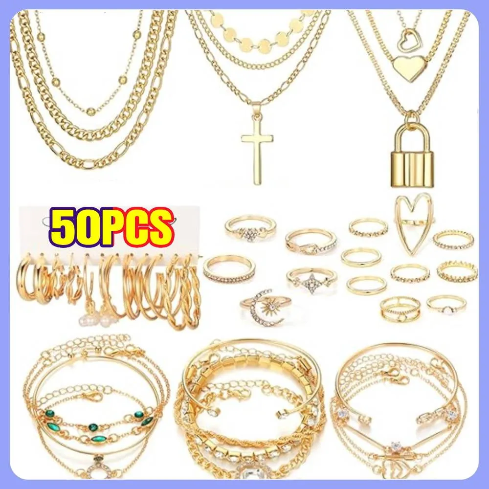 50PCS Gold Jewelry Set for Women with Necklaces, Bracelets,Hoop Earrings Ear Studs, Knuckle Rings for Womens Gold Plated