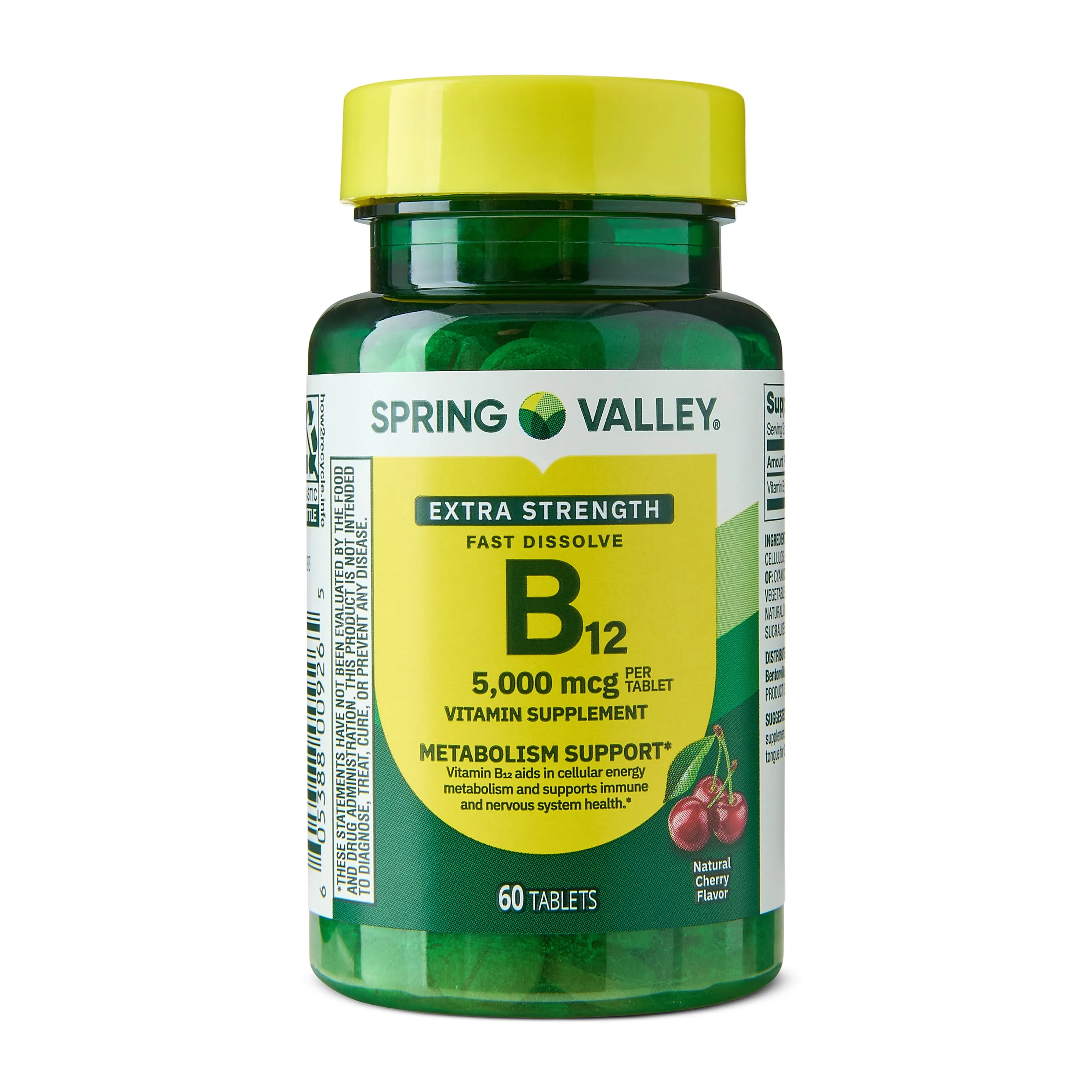 Spring Valley Extra Strength Vitamin B12, Cherry, 5000 mcg, 60 Count, Supplement Fast Dissolve Tablets for Metabolism Su