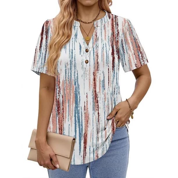 V Neck Henley Blouses for Women Dressy Casual Tops Summer Short Sleeve Shirts Fashion Clothes