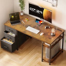 51 Inch Computer Desk with File Drawers & USB Power Outlets- Reversible Home Office Desk with Storage Shelves, Work from Home, Writing Table for Bedroom, Vintage - Thumbnail 1