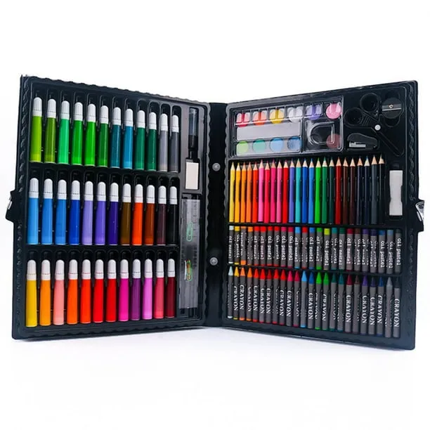 Watercolor Marker Pen Set, 150-Piece Art Supplies Kit for KidsAdults, Portable Plastic Box with Watercolor Pens Crayons 