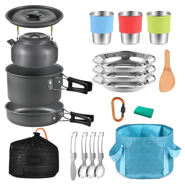 TOMSHOO 22pcs Camping Cookware Mess Kit, Camping Pot and Pan Cooking Set Outdoor Camping Hiking Backpacking Cooking
