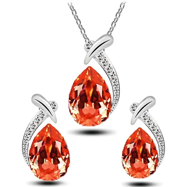 Orange Drop Water Crystal Jewelry Set for Women, Necklace & Earrings with Flash Rhinestones, Elegant Silver Tone, Gift R