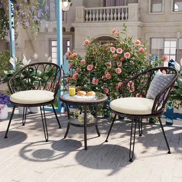 3-Piece Outdoor Furniture Sectional Sofa Set,Patio PE Wicker Conversation Sets with Beige Cushions,Top Glass,Lounge Chai