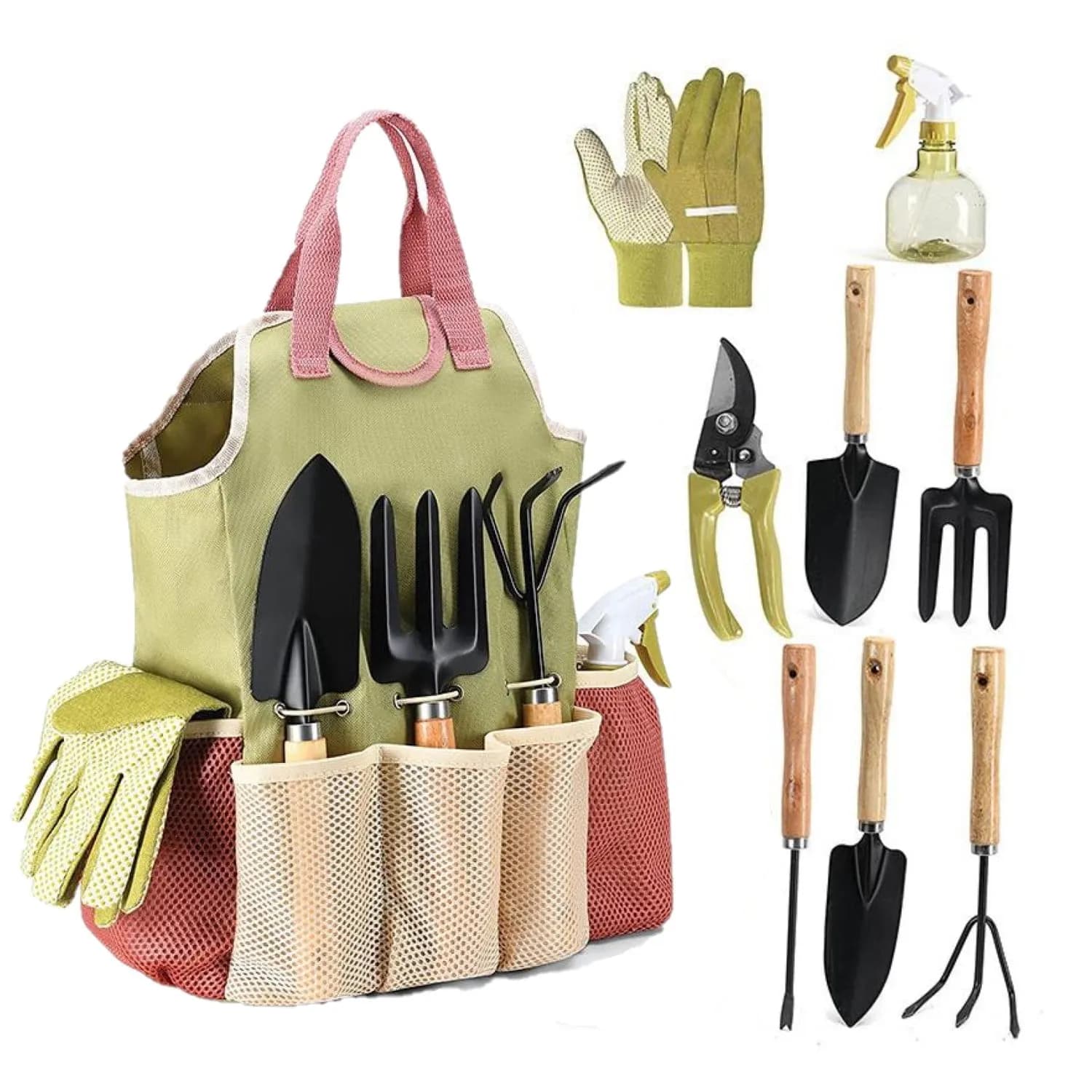 BN-LINK Gardening Tool Set, 9 Piece Heavy Duty Gardening Hand Tools with Durable Garden Tools Organizer Handbag, Rust-Pr