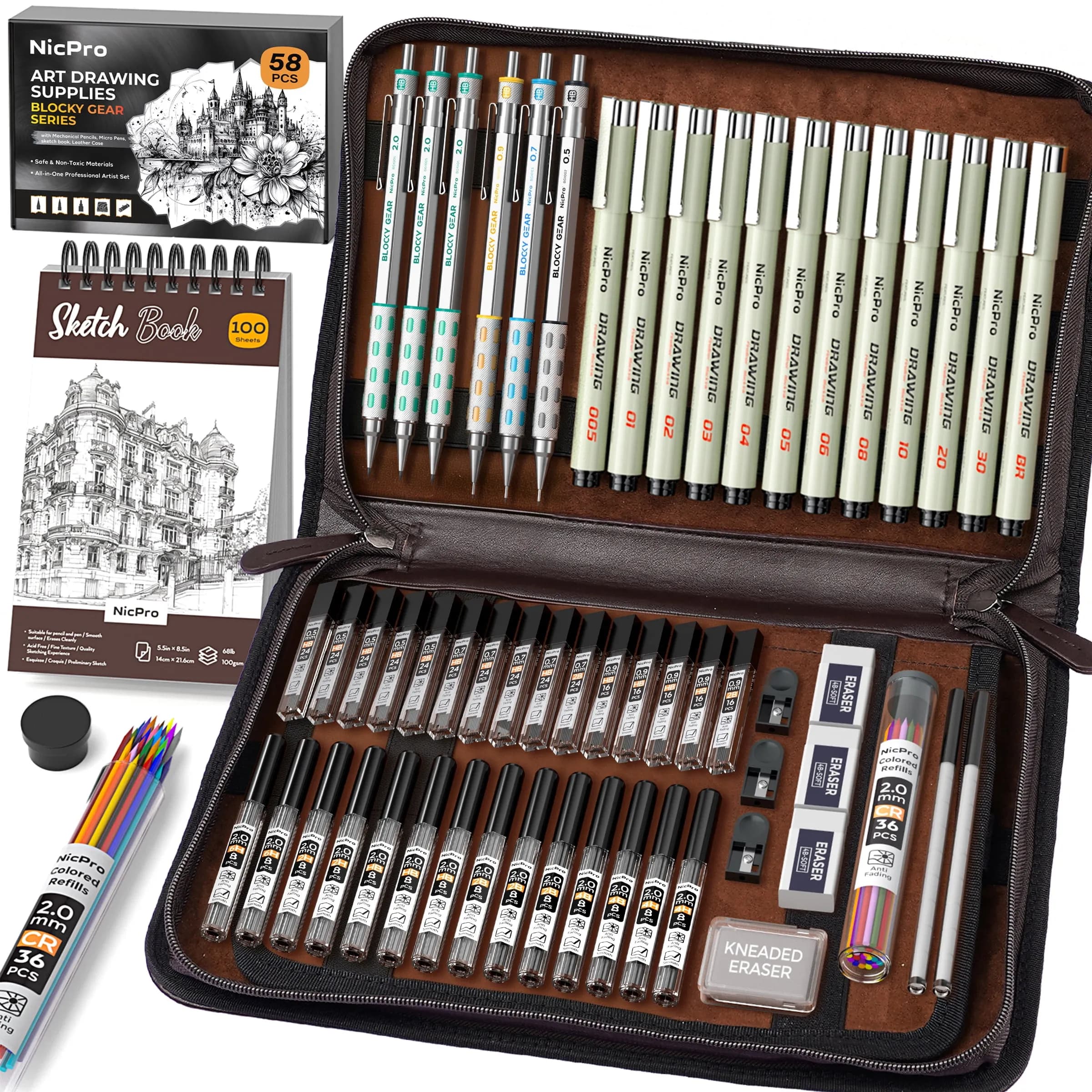 Nicpro 58 Pcs Art Drawing Supplies Kit in Leather