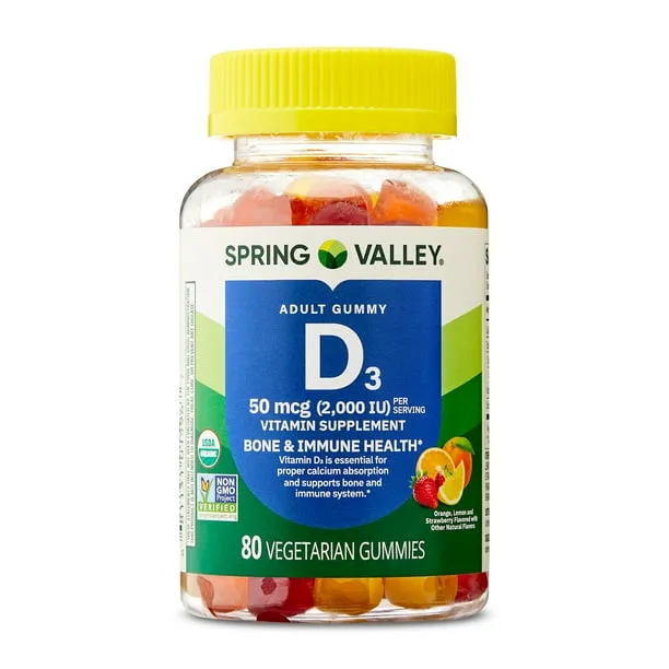 Spring Valley Vitamin D3 Gummies, 50 mcg (2000 IU), 80 Count, Supplement for Bone and Immune Health, Assorted Flavors