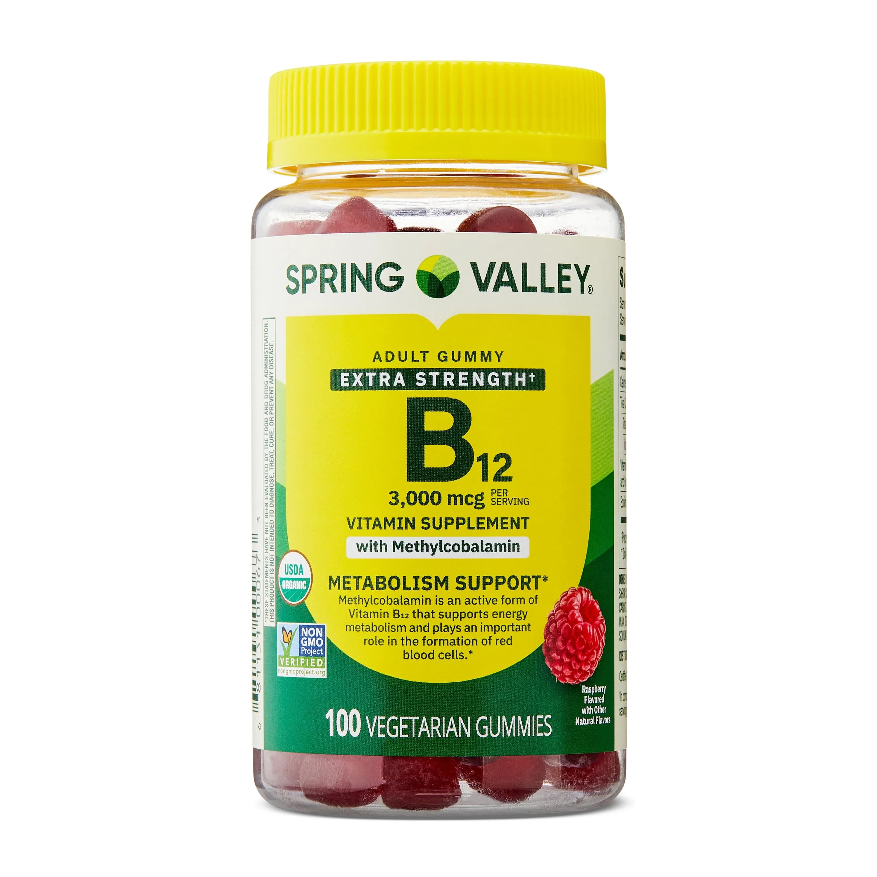 Spring Valley Extra Strength Vitamin B12 Supplement, Raspberry Flavor, 3000 mcg, 100 Count, Vegetarian Gummies