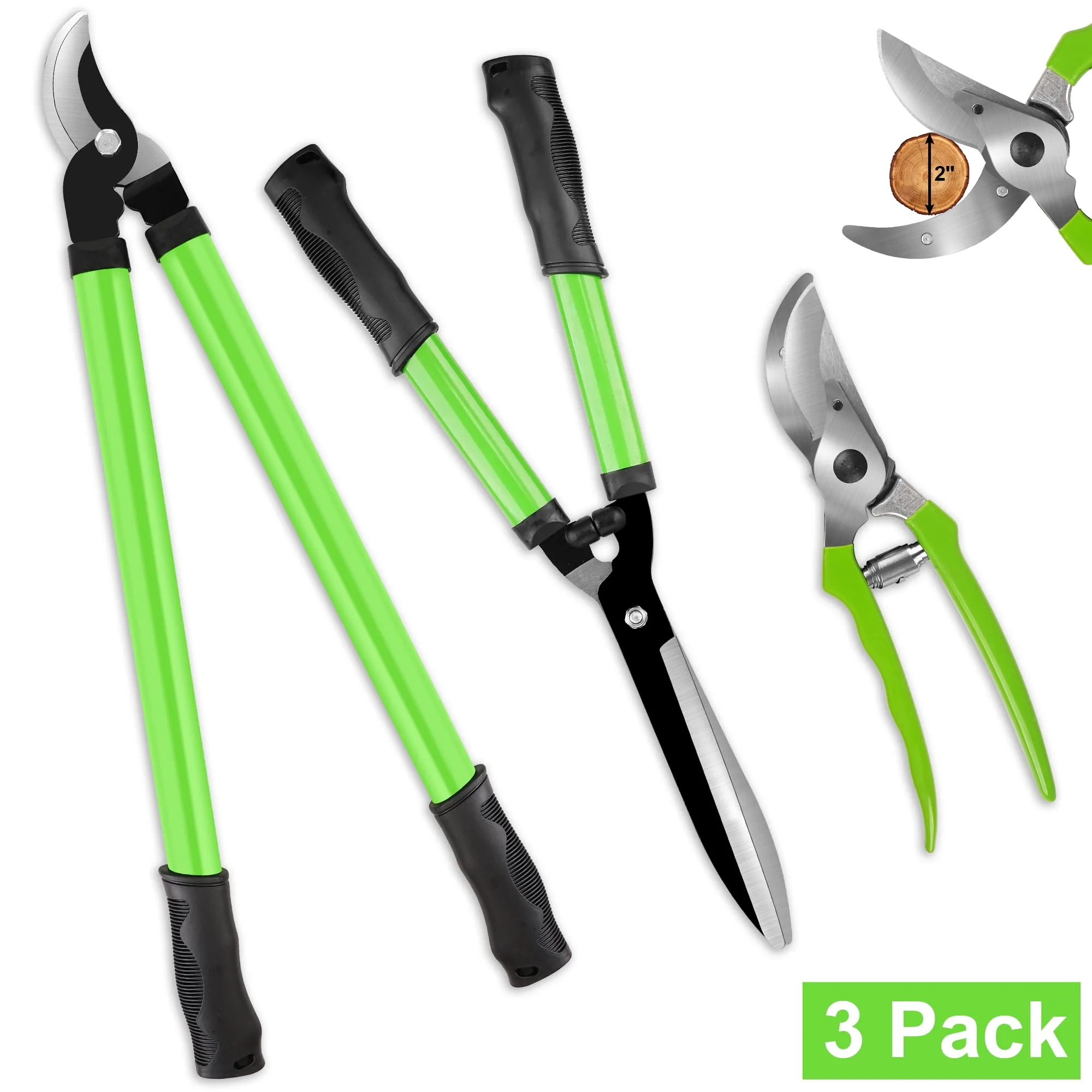 Garden Loppers Pruning Shears, Updated 3PCS Hedge Clippers Combo Set, Branch Cutter with Compound Action, Chops Thick Hi