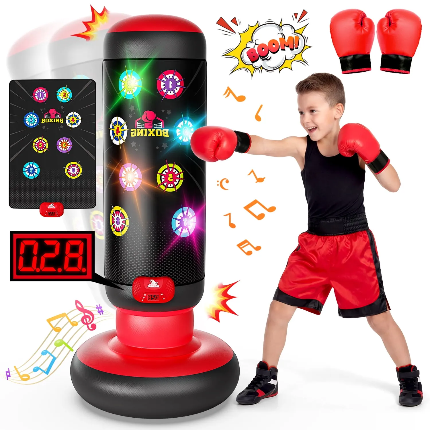 Huge Wave Punching Bag for Kids, 60 Inch Inflatable Boxing Bag with Gloves, 4 Game Modes, Scoring, Light, Music, Sports 