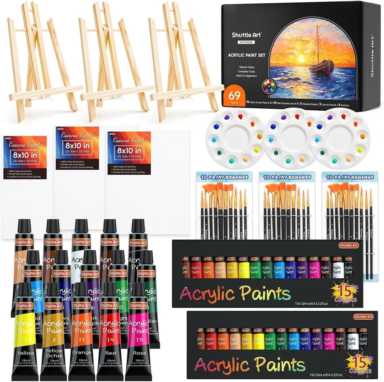 Shuttle Art 69 Pack Acrylic Paint Set, Acrylic Painting Set with 2 Pack of 15 Colors Acrylic Paint, 3 Sets of Wooden Eas