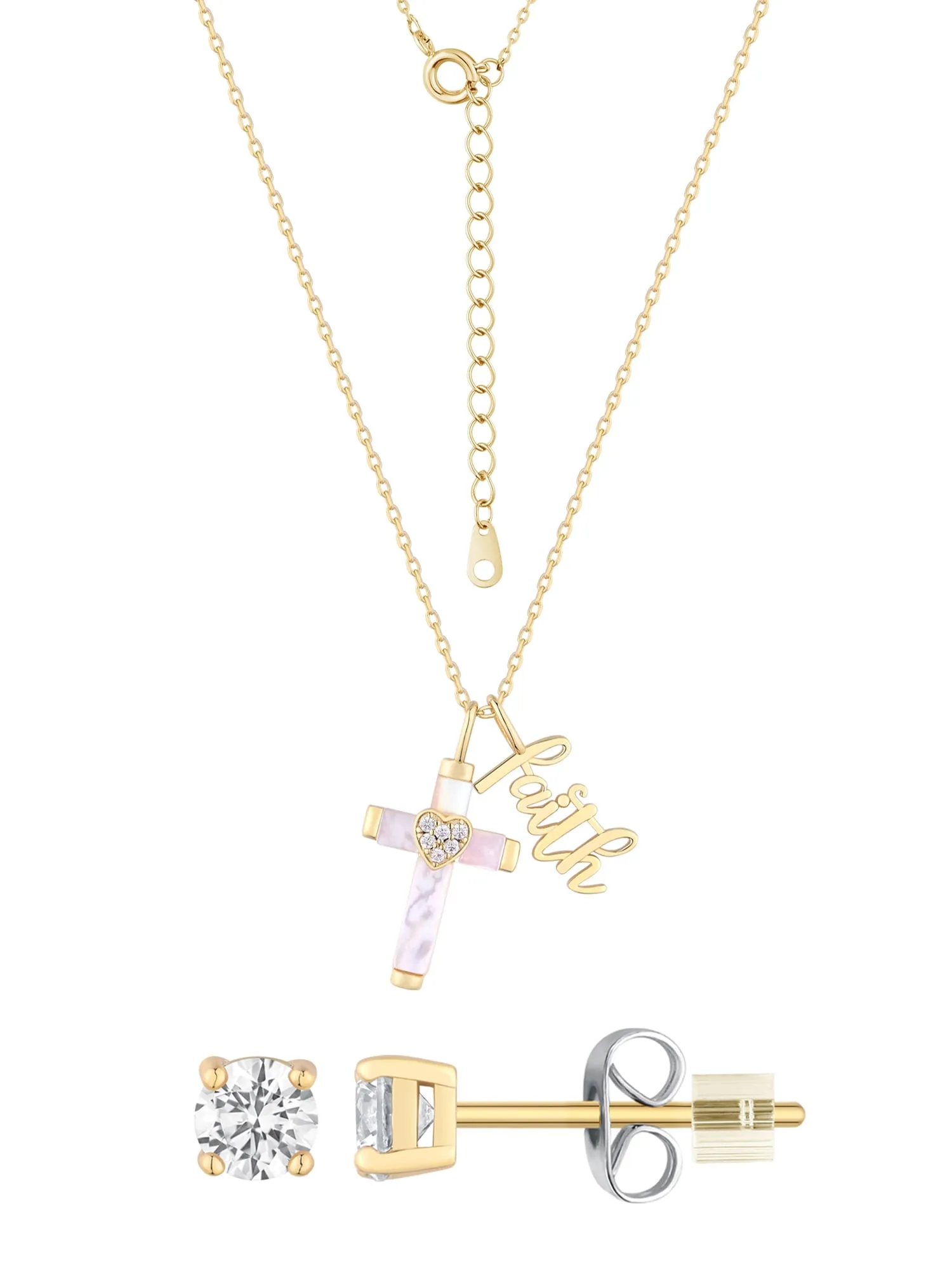 Adult Mother of Pearl and Cubic Zirconia Cross Necklace Set in 14KT Gold Flash Plated