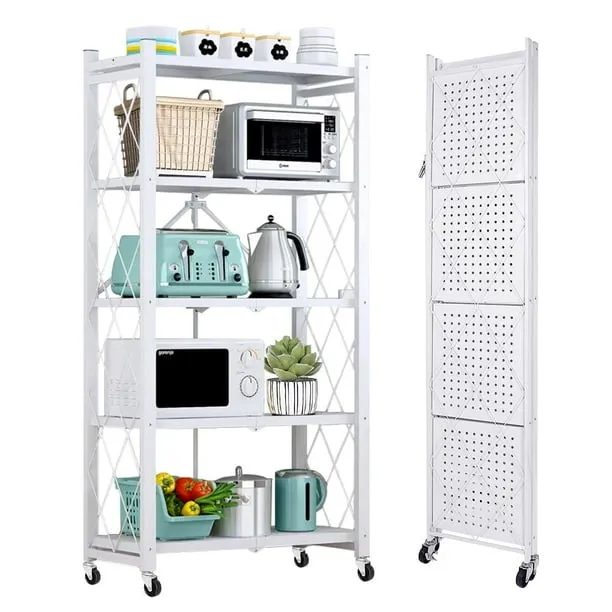 COOKCOK 5-Tier Storage Shelving Unit, Metal Shelf 27.9"x13.4"x62.5, Foldable Storage Shelf with Wheels, Garage Shelf, Me