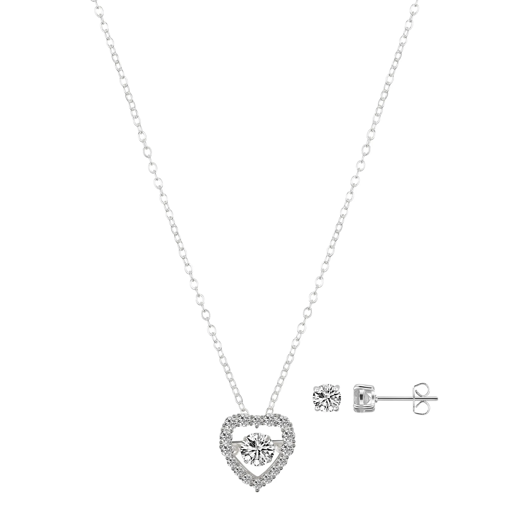 Women's Cubic Zirconia Heart Necklace and Stud Earring Set, 18+2"