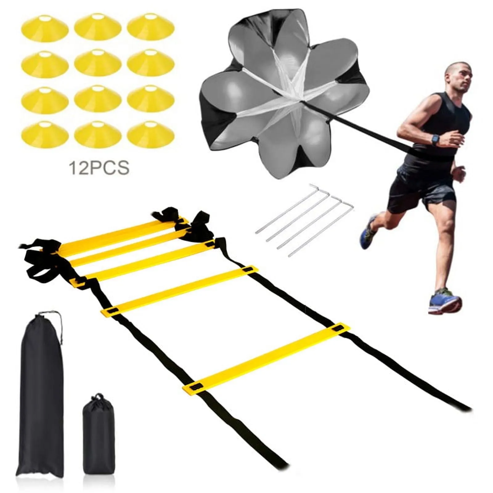 Byseng Agility Ladder, Football Training Equipment Set, 20ft adjustable agility ladder, 12 Disc Cones, 4 Steel Stakes