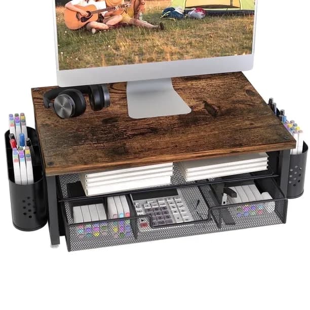 MEHOOM 3-Tier Wooden Monitor Stand Riser with Drawer and Pen Holders, Desk Organizer and Accessories for Laptop, Office