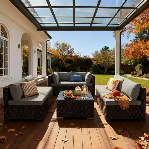 Patio Furniture Set, 7 Pieces Outdoor Conversation Set with Rattan Sectional Sofa, Glass Bistro Coffee Table for Garden 