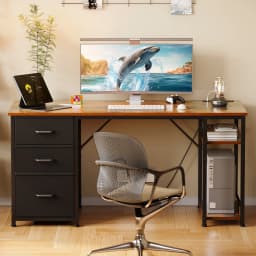 51 Inch Computer Desk with File Drawers & USB Power Outlets- Reversible Home Office Desk with Storage Shelves, Work from Home, Writing Table for Bedroom, Vintage - Thumbnail 6