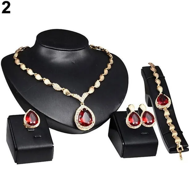 Women Fashion Rhinestone Pendant Necklace Ring Bracelet Earrings Jewelry Set Red
