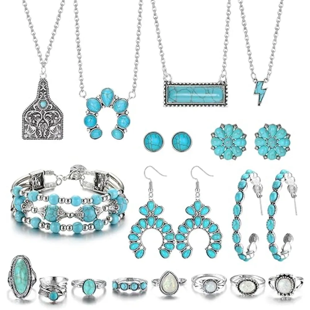 17-Piece Turquoise Jewelry Set for Women, Western Boho Necklace Earrings Bracelet Rings, Alloy Stone Gift Set for Party