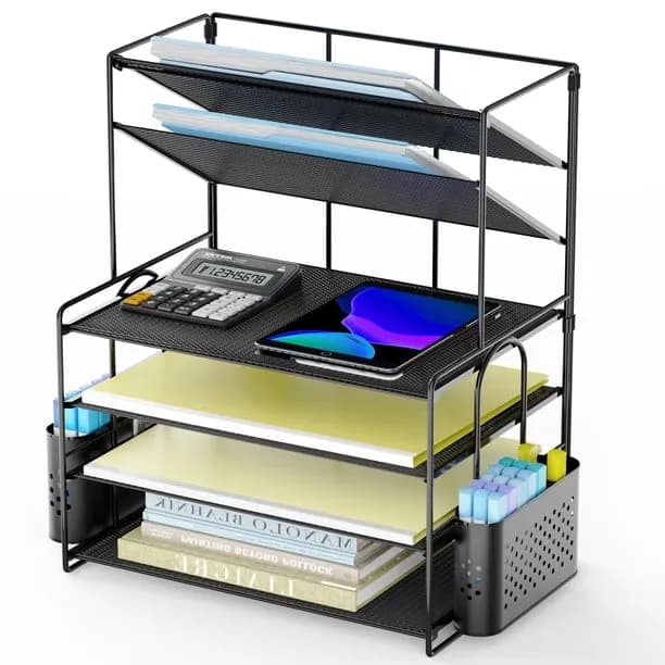 MEHOOM 6 Tier Metal Desk File Organizer, Letter Tray Paper Organizer with Pen Holder, Black Desk Organizer