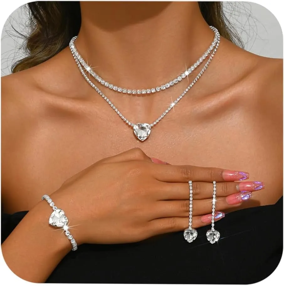 Rhinestone Necklace Silver Bridesmaid Earring Wedding Jewelry Sets for Brides Prom Jewelry Set