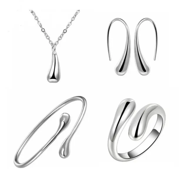 4Pcs/Set Women Jewelry Set Teardrop Shape Pendant Necklace Hook Earrings Opening Adjustable Bracelet Ring Set