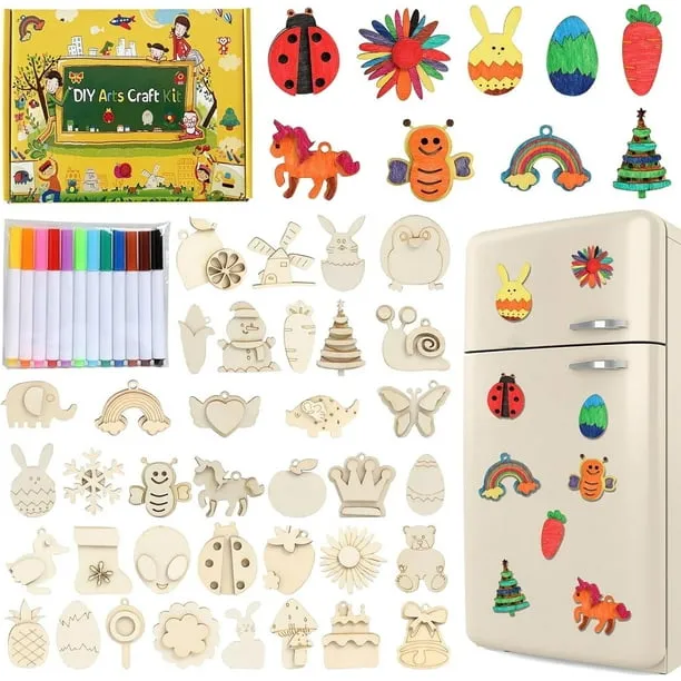 36 Pcs Wooden Magnets, DIY Creativity Art Craft Supplies Painting Kit for Kids Party Favors, Decorate Your Own Painting 