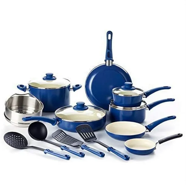GreenLife 16 Piece Soft Grip Cookware Set, Non-Toxic Ceramic Nonstick, Blue