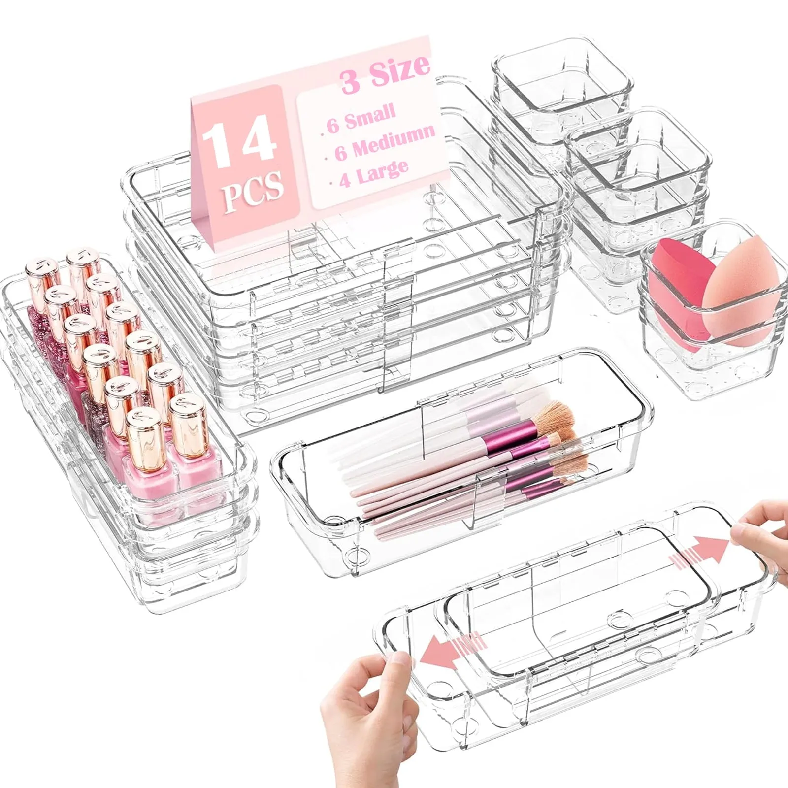 Kisportee 14 Pack Adjustable Makeup Drawer Organizer Set, Clear Plastic Stackable Desk Drawer Organizer Bins, Makeup